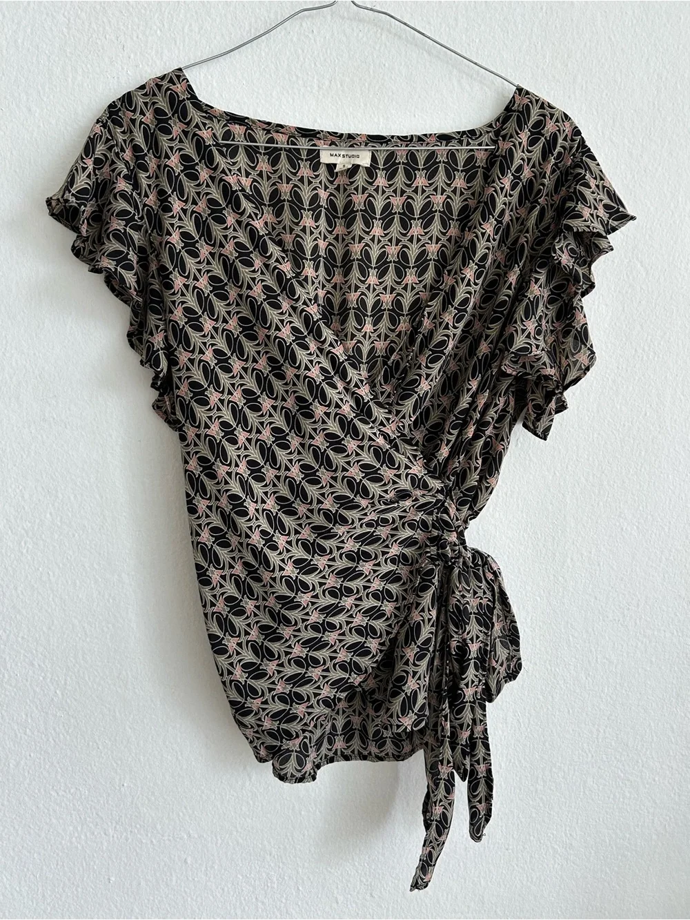 Madewell Black Wrap Blouse with Pink Geometric Motif
